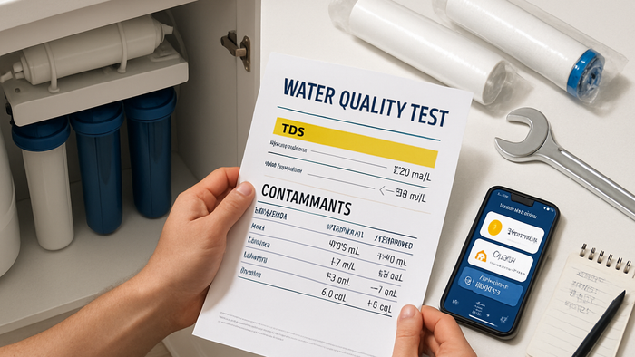 Overhead view of homeowner reviewing water quality test report next to open cabinet with RO system, replacement filter cartridges, wrench, and smartphone showing maintenance tracking app on clean countertop