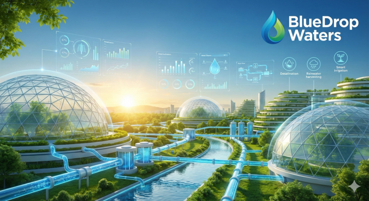 Visual representation of sustainable water management techniques, showcasing rainwater harvesting, greywater recycling, and AI technology.
