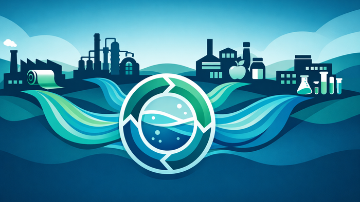 Flat illustration showing ZLD water reuse systems connecting textile, chemical, food and beverage, and pharmaceutical industrial facilities in a circular water loop
