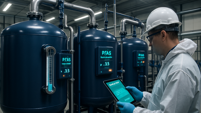 Industrial water treatment facility showing granular activated carbon filtration tanks and technician monitoring PFAS removal systems
