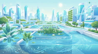 Digital illustration of an urban landscape with plants filtering water, highlighting phytoremediation.