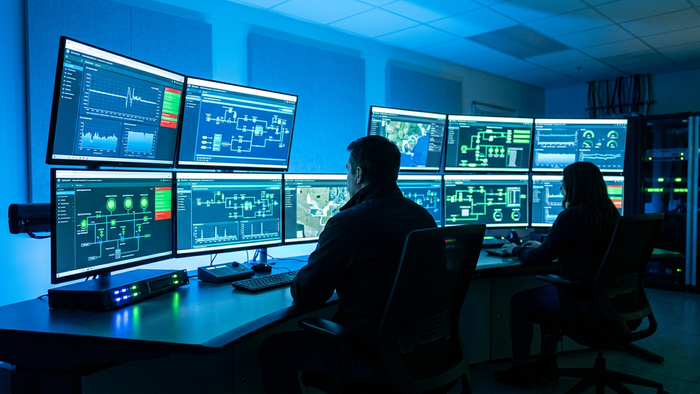 Operators in a modern water treatment control room viewing SCADA dashboards and real-time data trends on multiple screens