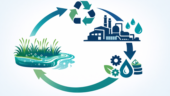 Flat illustration of the industrial water reuse cycle powered by aerated constructed wetlands, showing treated water flowing back into industrial facilities in a circular loop