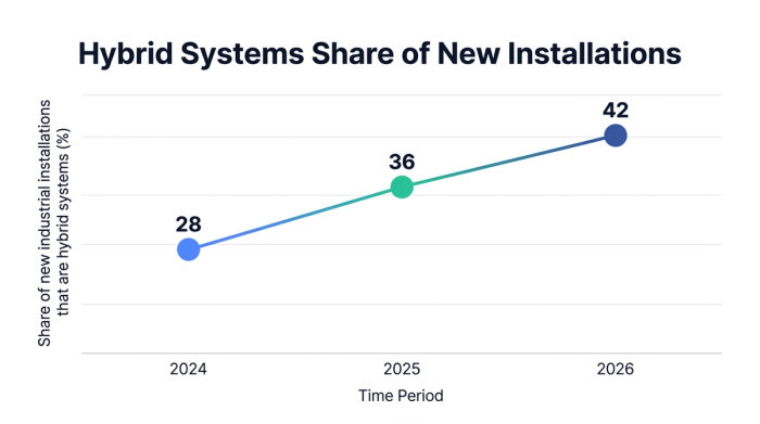 Line chart showing hybrid systems share of new installations — data visualization for share of new industrial installations that are hybrid systems (%)