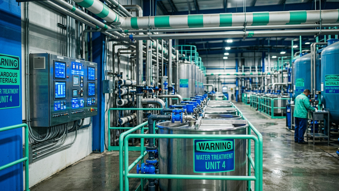 Interior of a pharmaceutical industrial water treatment facility with large tanks, pipes, and control panels