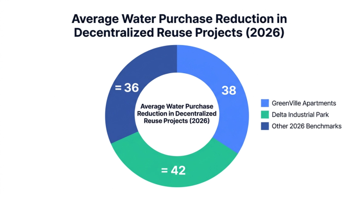 Pie chart showing average water purchase reduction in decentralized reuse projects (2026) — data visualization for water purchase reduction by project