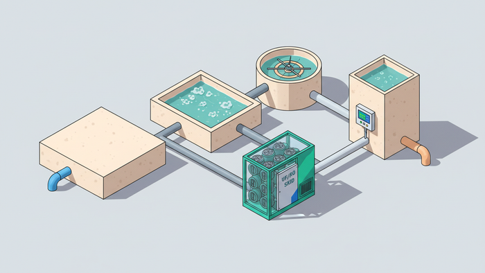 Isometric industrial wastewater treatment facility showing sequential tanks, membrane filtration, and a reuse outlet with monitoring panel on a light gray ground plane.