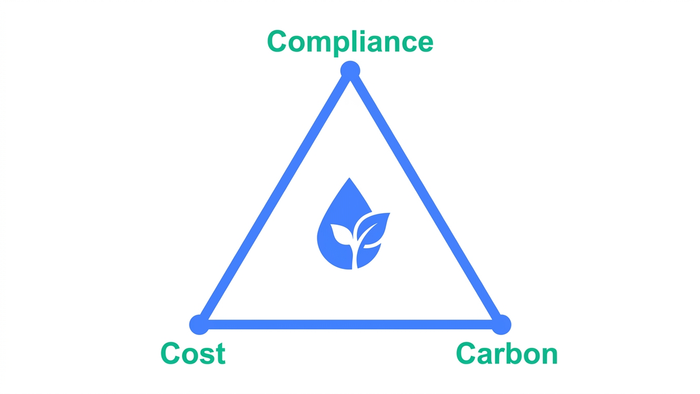 Triangle diagram illustrating the 3C framework for balancing Compliance, Cost, and Carbon in water treatment plant upgrades