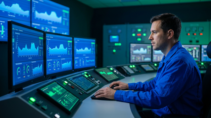 Wastewater plant control room operator monitoring digital SCADA dashboards, representing data-driven plant optimization