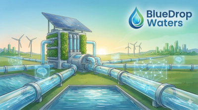 A modern depiction of innovative water management showcasing sustainability, circular economy, and smart technologies.
