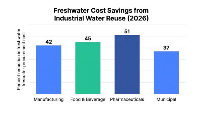Bar chart showing freshwater cost savings from industrial water reuse (2026) — data visualization for percent reduction in freshwater procurement cost