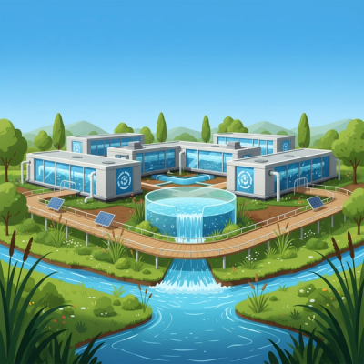 Modern sewage treatment plant in a rural setting surrounded by greenery, symbolizing sustainability.