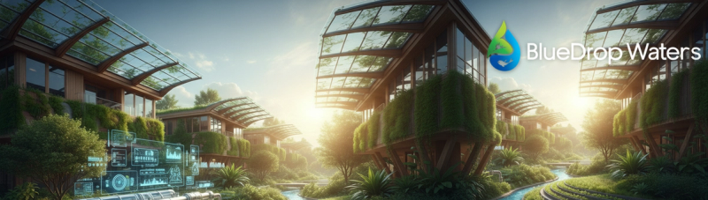 A modern illustration of sustainable water management with filtration systems, IoT sensors, and rainwater harvesting in a green setting.