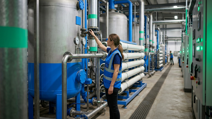 Engineer inspecting gauges on GAC vessels and membrane skids inside a modern water treatment facility
