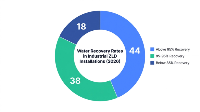 Pie chart showing water recovery rates in industrial zld installations (2026) — data visualization for share of zld installations by recovery category