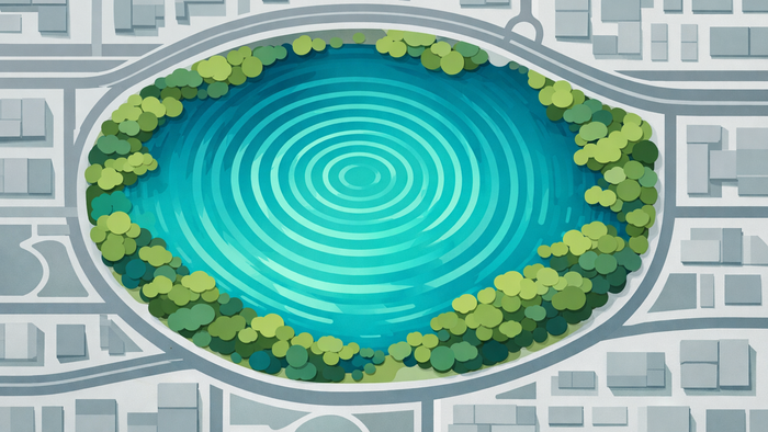 Aerial conceptual illustration of a restored urban lake as a thriving ecological hub within a grey city landscape