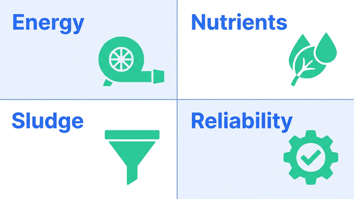 2x2 quadrant flat illustration with icons for four digital twin benefit areas: energy, nutrients, sludge, and reliability
