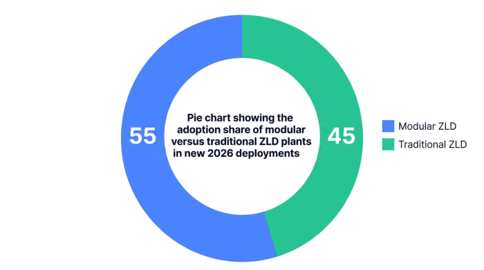Pie chart showing pie chart showing the adoption share of modular versus traditional zld plants in new 2026 deployments — data visualization for share of new zld capacity by plant type (2026)