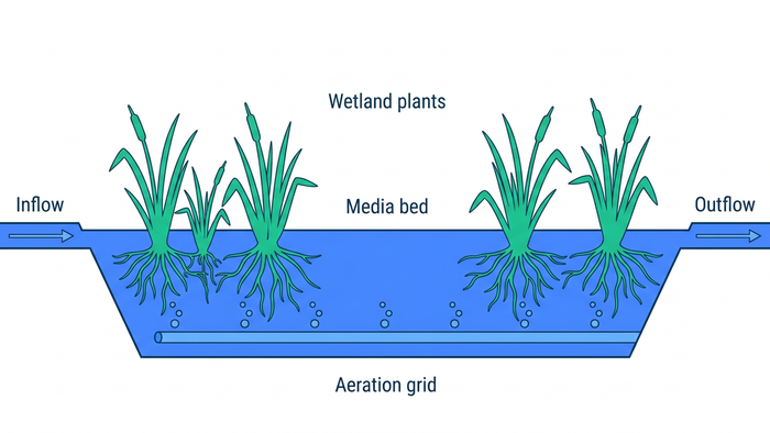 Cross-sectional flat illustration of an aerated constructed wetland showing media bed, aeration grid, plant roots, inflow and outflow