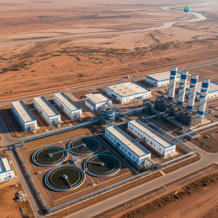 Aerial view of industrial water treatment facility with blue treatment tanks and pipelines set against water-scarce landscape with dried riverbed