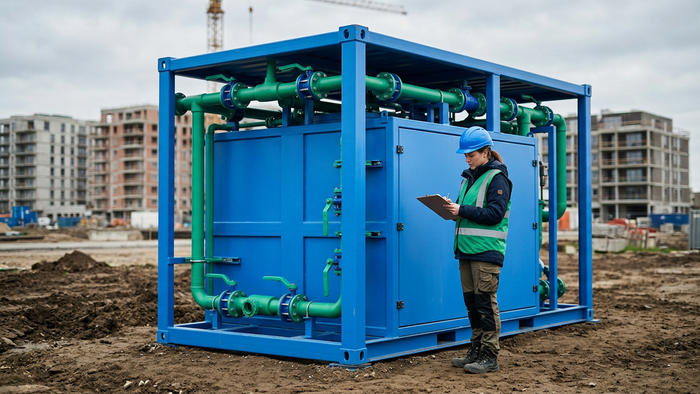 Editorial photograph of a modular water treatment unit installed at a peri-urban construction site with new residential buildings in the background