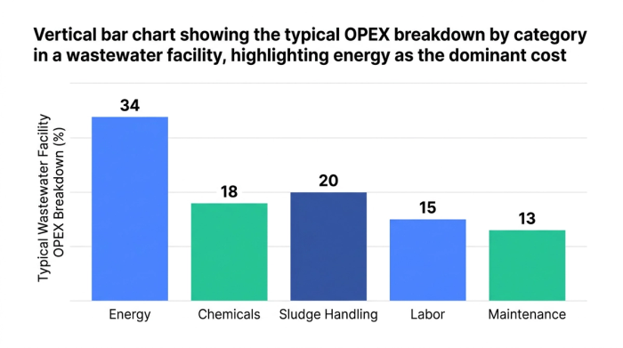 Bar chart showing vertical bar chart showing the typical opex breakdown by category in a wastewater facility, highlighting energy as the dominant cost — data visualization for typical wastewater facility opex breakdown (%)