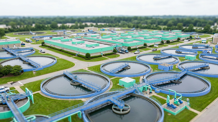Elevated panoramic view of a municipal water treatment plant showing circular clarifiers and filter buildings in daylight