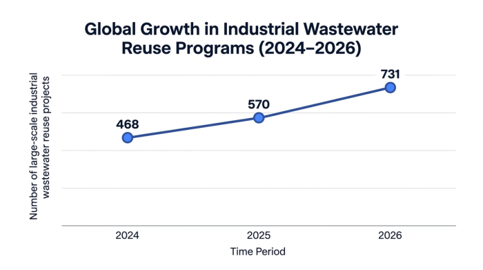 Line chart showing global growth in industrial wastewater reuse programs (2024–2026) — data visualization for number of large-scale industrial wastewater reuse projects