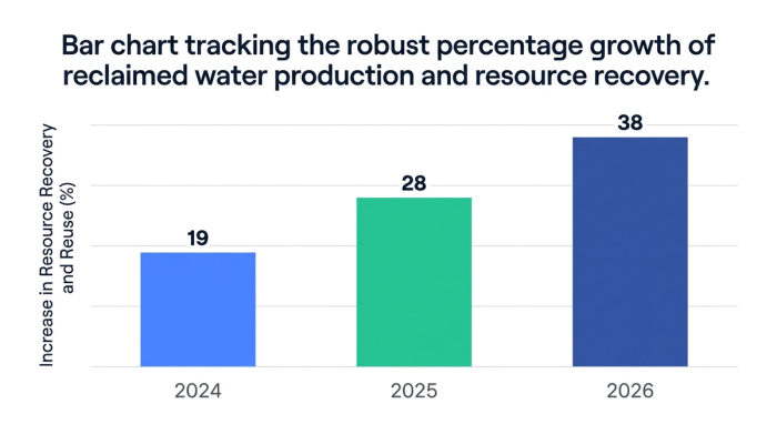 Bar chart showing bar chart tracking the robust percentage growth of reclaimed water production and resource recovery. — data visualization for increase in resource recovery and reuse (%)