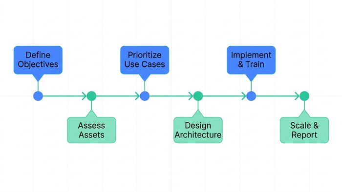 Six-step horizontal roadmap diagram for implementing an IoT-based water management system from defining objectives to scaling across a portfolio