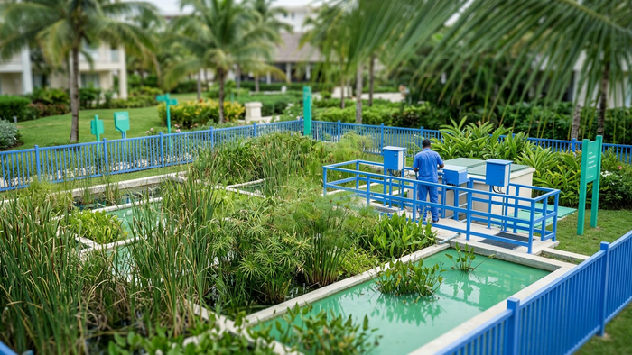 Outdoor aerial-angle view of aerated constructed wetlands integrated into eco-resort landscaping, illustrating nature-based decentralized wastewater treatment