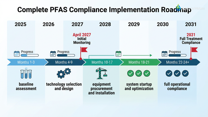 PFAS compliance implementation timeline infographic showing phases from 2025-2031 including assessment, design, installation, optimization, and operational compliance with EPA regulatory deadline markers