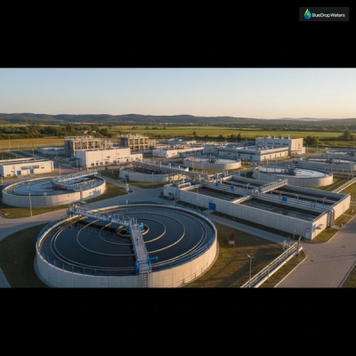 Modern wastewater treatment facility showcasing integrated infrastructure and advanced treatment systems at golden hour