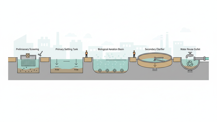 Flat cross-section illustration of a wastewater treatment plant showing sequential units: screening, settling tank, aeration basin, clarifier, and water reuse outlet, with workers at two stations.