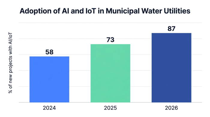 Bar chart showing adoption of ai and iot in municipal water utilities — data visualization for % of new projects with ai/iot