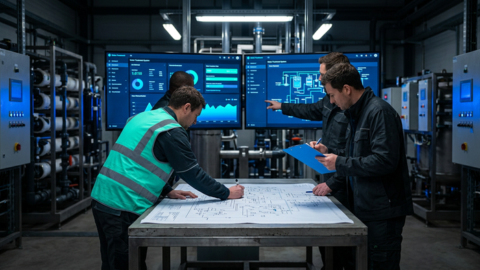 Engineers in a water treatment control room reviewing dashboards and system schematics together