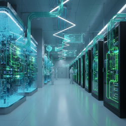 A futuristic data center featuring advanced liquid cooling technologies like immersion cooling tanks and direct-to-chip systems.