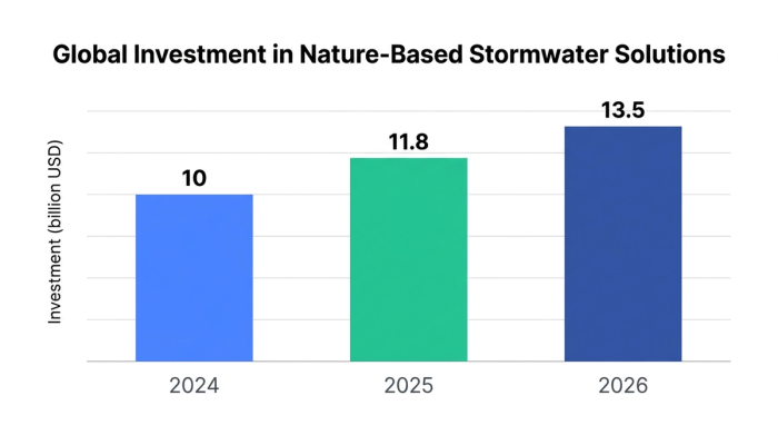 Bar chart showing global investment in nature-based stormwater solutions — data visualization for investment (billion usd)