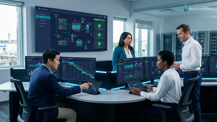 Diverse environmental compliance team reviewing PFAS water quality data and treatment system diagrams on monitors in modern industrial facility control room