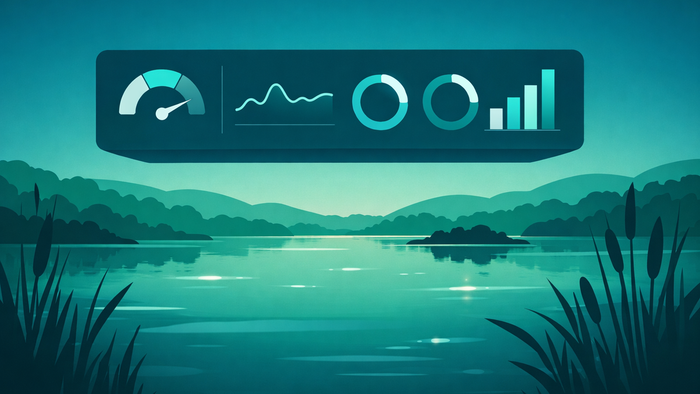 Flat illustration of a data monitoring dashboard floating above a constructed wetland landscape, representing real-time wastewater treatment performance tracking
