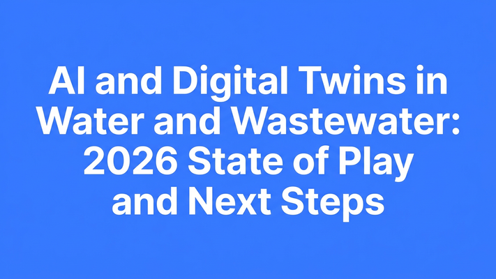 Typographic hero cover for the blog post about AI and Digital Twins in Water and Wastewater: 2026 State of Play and Next Steps