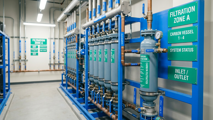 Modern commercial building mechanical room with water filtration manifolds, carbon vessels, and labeled piping