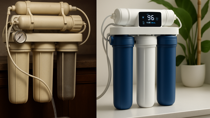 Split-screen comparison showing outdated RO system with visible water waste on left versus modern high-efficiency RO system with digital display and minimal waste on right, set against eco-friendly background with plants