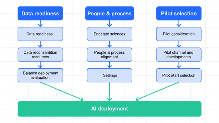 Three-column flowchart showing data readiness, people and process, and pilot selection tracks converging into AI deployment