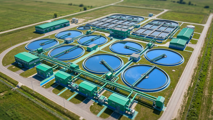 Aerial editorial photograph of a modern wastewater treatment plant with aeration basins and control buildings