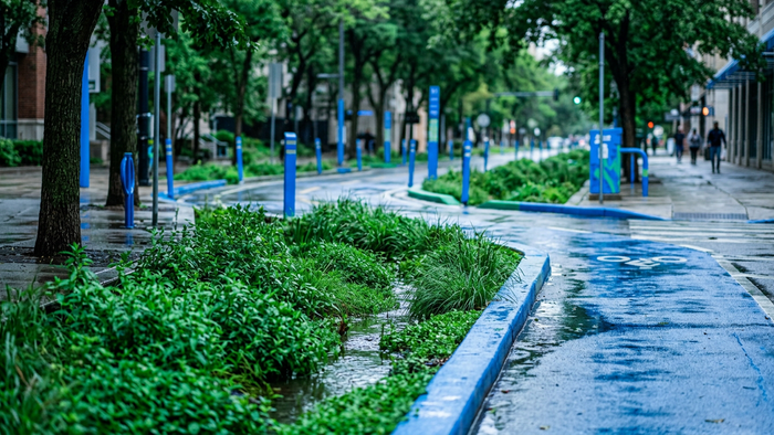 Urban street with bioswales and tree-lined green infrastructure integrated into sidewalks after light rain