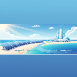 Modern digital illustration showcasing solar-powered desalination with solar panels and clear seawater.