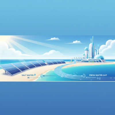 Modern digital illustration showcasing solar-powered desalination with solar panels and clear seawater.