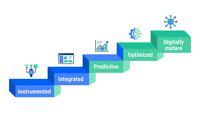 Five-stage digital maturity staircase illustration for water utilities from basic SCADA to AI-driven optimization