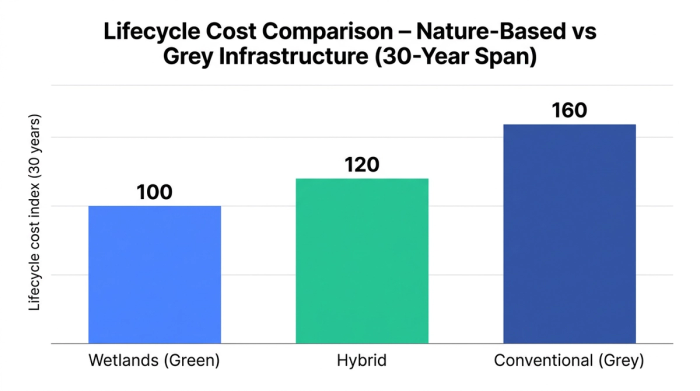Bar chart showing lifecycle cost comparison – nature-based vs grey infrastructure (30-year span) — data visualization for lifecycle cost index (30 years)